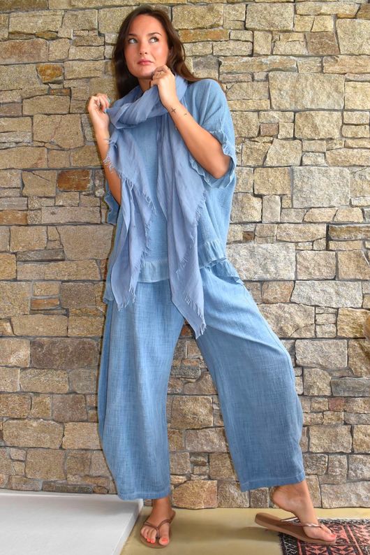 Frame Hopsack Frill Box Top Washed Denim